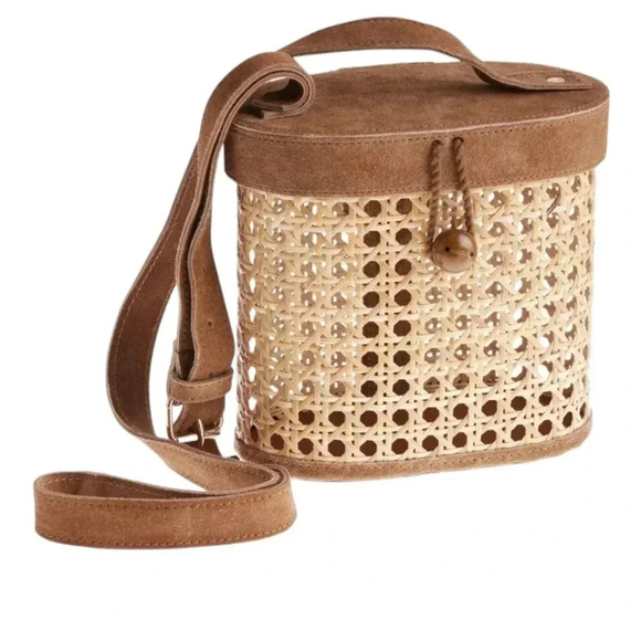 WM Cane Rattan & Suede Crossbody Bucket Purse - Picture 1 of 10